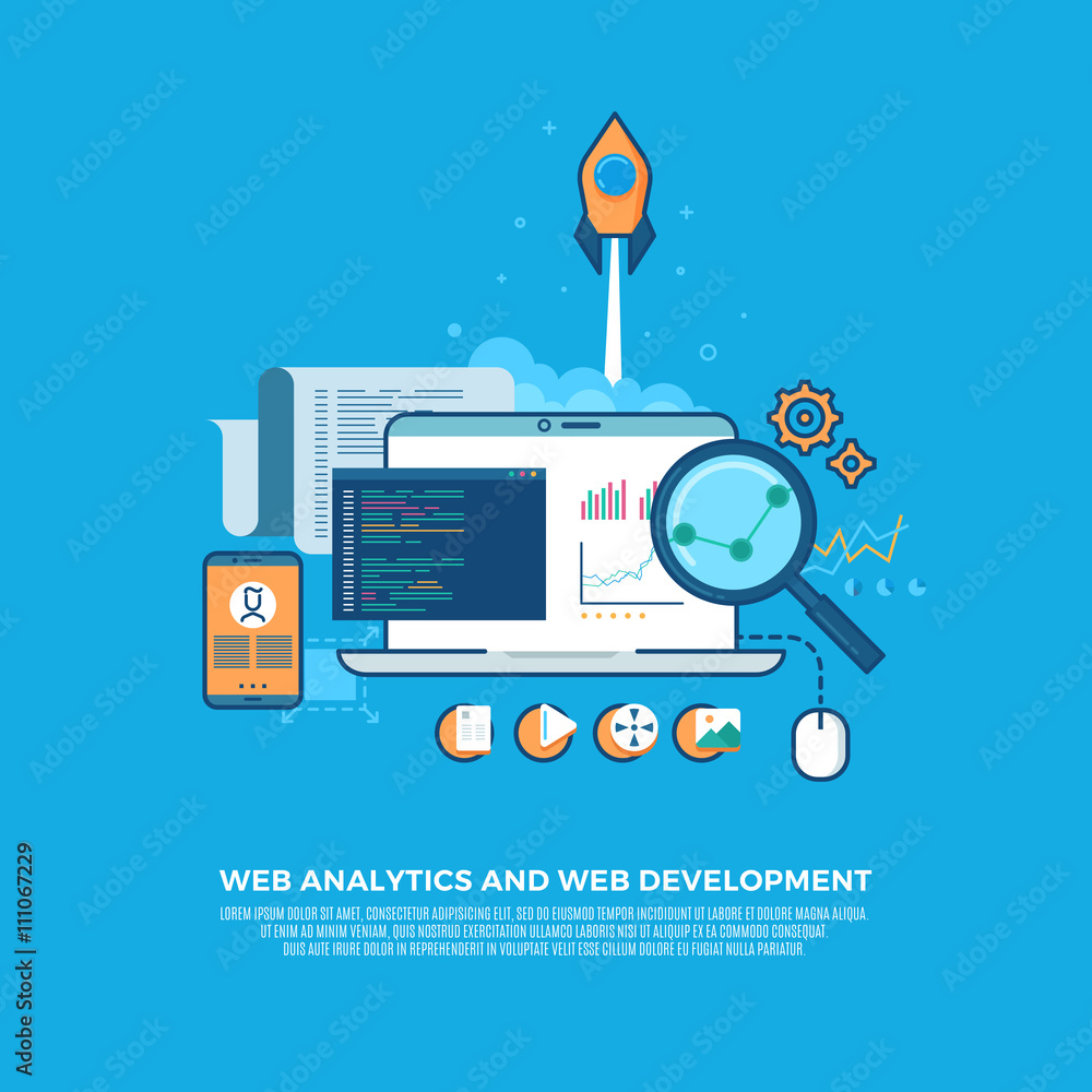 Poster web analytics information and website development flat concept background