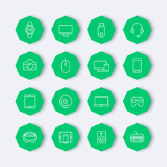 Modern gadgets line icons, green octagonal pictograms, vector illustration