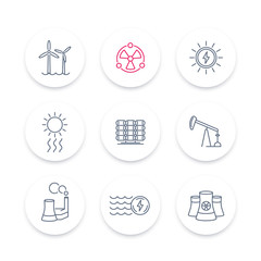 Power, energy production line icons, energetics, solar, wind, nuclear energy pictograms, round icons set, vector illustration