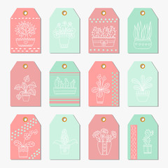 Cute hand drawn vector flowers in the pots. Gift tags and labels.