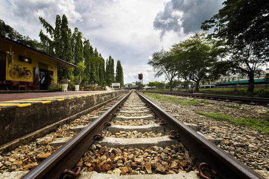 Panorama view Old retrotrain stopped at the kun trang station in trang thailand
