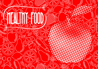 Healthy food - motivational poster or banner on red seamless pattern background with trendy linear icons and signs of fruits and vegetables - vector illustration