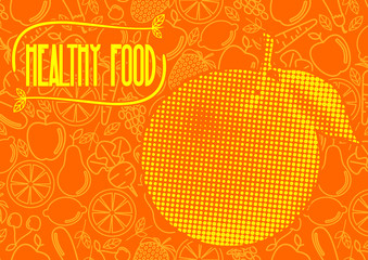 Healthy food - motivational poster or banner on orange seamless pattern background with trendy linear icons and signs of fruits and vegetables - vector illustration