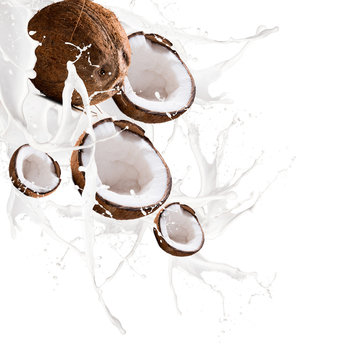 Fruit, coconut in milk, chocolate splash, isolated on white background