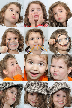 Collage of twelve photos of a young girl with different facial expressions
