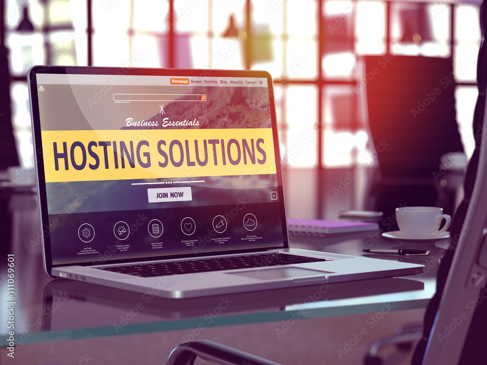 Poster modern workplace with laptop showing landing page with hosting solutions concept. toned image with s
