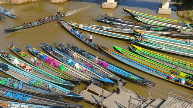 Many boats in Nyaung Shwe on Inle lake, Myanmar (Burma), 4k
