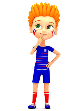Boy soccer player is thinking on a white background. 3d render i