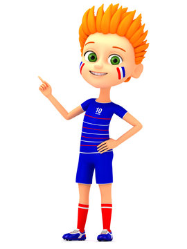 Boy footballer pointing at empty space. 3d render illustration.