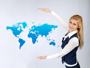 Business woman presentation of the map of the world