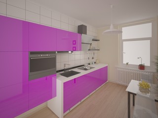 Stylish modern kitchen with purple furniture.