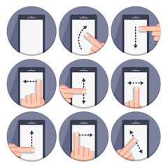 vector set flat round icons with a finger and a mobile device wi