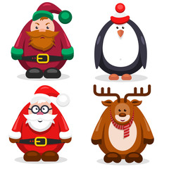 set of flat characters, Santa, penguin, reindeer and a dwarf
