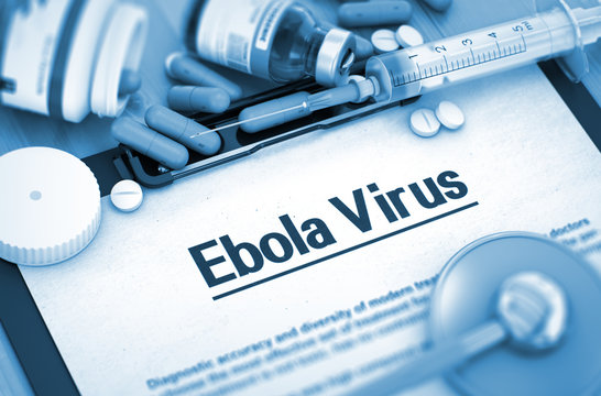 Ebola Virus - Medical Report with Composition of Medicaments - Pills, Injections and Syringe. Diagnosis - Ebola Virus On Background of Medicaments Composition - Pills, Injections and Syringe. 3D.