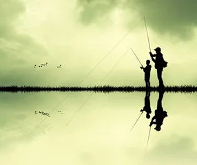 Fotobehang visser bij zonsondergang © adrenalinapura