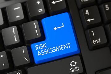 Risk Assessment on PC Keyboard Background. Blue Risk Assessment Keypad on Keyboard. Risk Assessment Close Up of Computer Keyboard on a Modern Laptop. 3D Illustration.