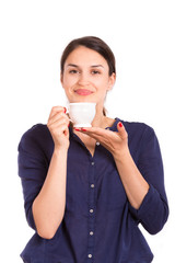 call center operator woman  taking coffee break on white background