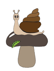 Seamles with beautiful brown mushroom with green leaves and happy snail cartoon. Vector illustration of snail can be used to design for T-shirt, card, poster, invitation.
