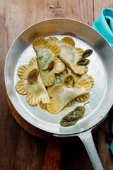 ravioli with ricotta spinach in a frying pan. Healthy comfort It