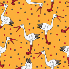 Seamless with white crane on the white background. Vector illustration of birds can be used to design for T-shirt, card, poster, invitation.