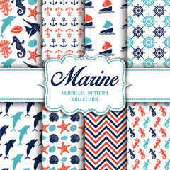Big collection of seamless patterns with marine elements
