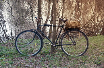 Fototapeta premium retro bike on the banks of the river, vintage tuning