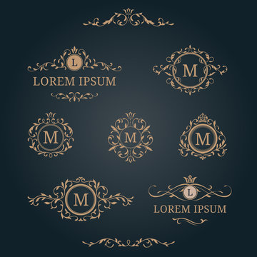 Set of elegant floral monograms and borders