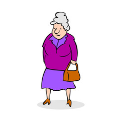 Funny old woman with bag. Grandmother walking. Colorful cartoon