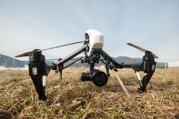 Professional drone on ground/Professional drone on ground, from below angle.Selective focus