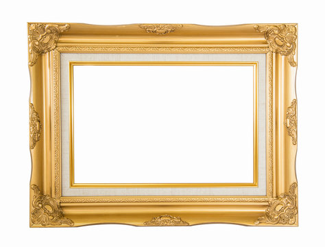 antique golden photo frame on white background