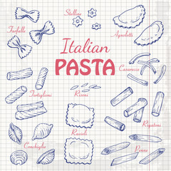 Set Italian pasta on paper