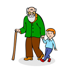 Grandfather with grandson. Funny old man with walking cane and w
