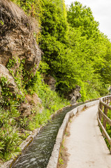 Fototapeta premium Algund, Algunder Waalweg, Waalweg, Vinschgau, Wanderweg, Wasserversorgung, Spazierweg, Frühling, Südtirol, Italien