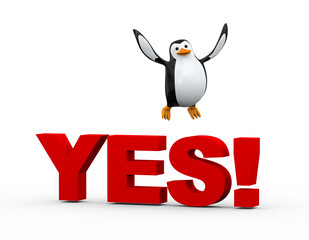 3d cute penguin happy jump over word yes