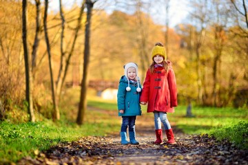 Fototapeta premium Two little sisters having fun together in beautiful autumn park