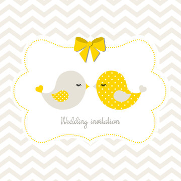 Wedding invitation with two cute birds, illustration