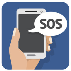 Vector flat illustration icon with the hand and mobile phone wit