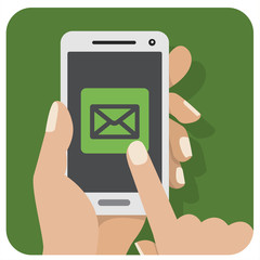 Vector flat illustration icon with the hand and mobile phone wit