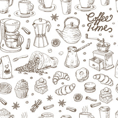 Seamless pattern with coffee elements on white background