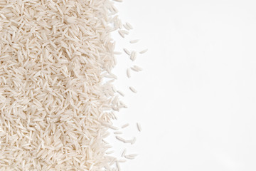 White rice on white background. Close up, top view, high resolution product.