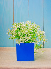 Bouquet of white flowers and blank blue cardboard paper for the message or congratulation text in front of painted wooden background