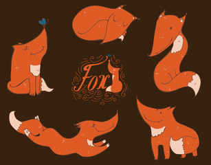 Colorful set of hand drawn cute red foxes in different poses, sleeping, sitting, jumping, standing, isolated on dark background. Vector mascot  illustration with lettering and imperfections