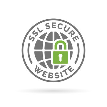 Secure SSL website icon. Globe with padlock sign. Secure globe symbol. Grey globe with green padlock emblem on white background. Vector illustration.