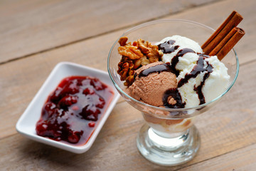 Ice cream sundae and cherry jam