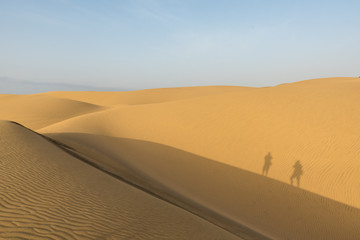 Fototapeta na wymiar Shadow of Couple in sand dunes in desert