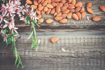 Almond nuts scattered on the old wooden background, tinted. Top