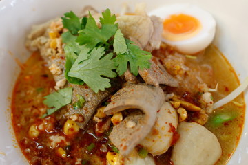 Tom Yum noodle with pork and egg, Thai food,Thai style