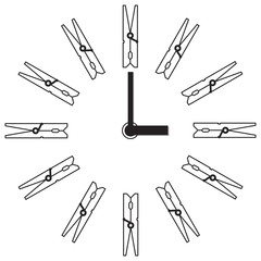 Wall clock with arrows. Watch the scale of the clothespin. Design clock laundry or shop decoration.