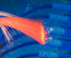 optical fibres dinamic flying from deep on technology background