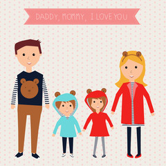 Children in the cute costume with father dad  mother mom i love